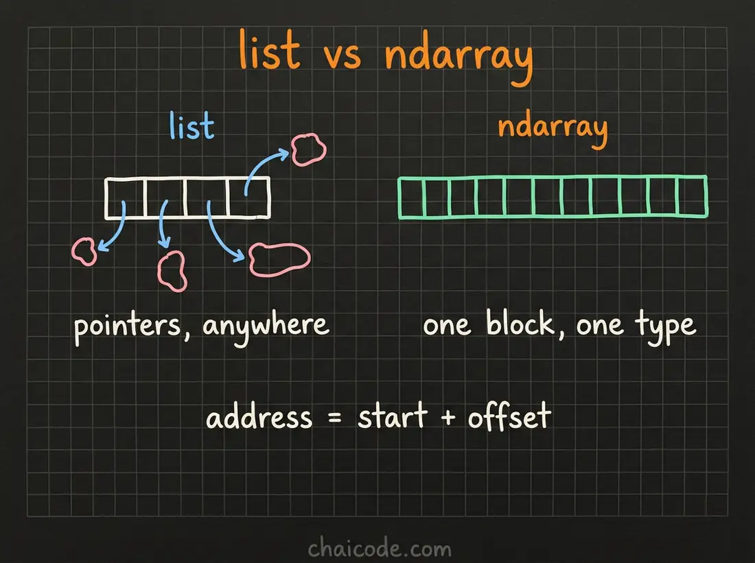 Hand-drawn notes contrasting a Python list, drawn as four boxes with arrows pointing away to scattered objects, with an ndarray drawn as one unbroken bar of twelve equal cells.