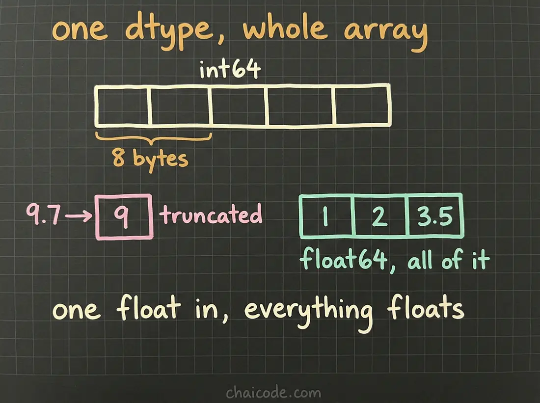 Hand-drawn notes showing one dtype governing a whole array: identical fixed-width boxes, with 9.7 being truncated to 9 on assignment, and a float in the constructor promoting the entire array to float64.