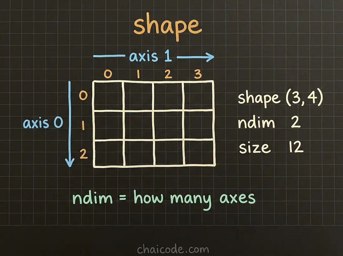 Hand-drawn notes showing a 3 by 4 grid with axis 0 labelled down the side and axis 1 along the top, and the shape, ndim and size values written beside it.