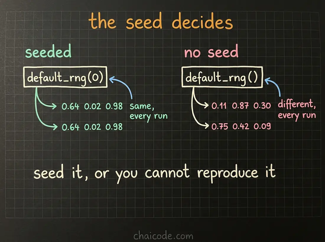 Hand-drawn notes showing that a seeded generator returns the same numbers every run, while an unseeded one differs each time.