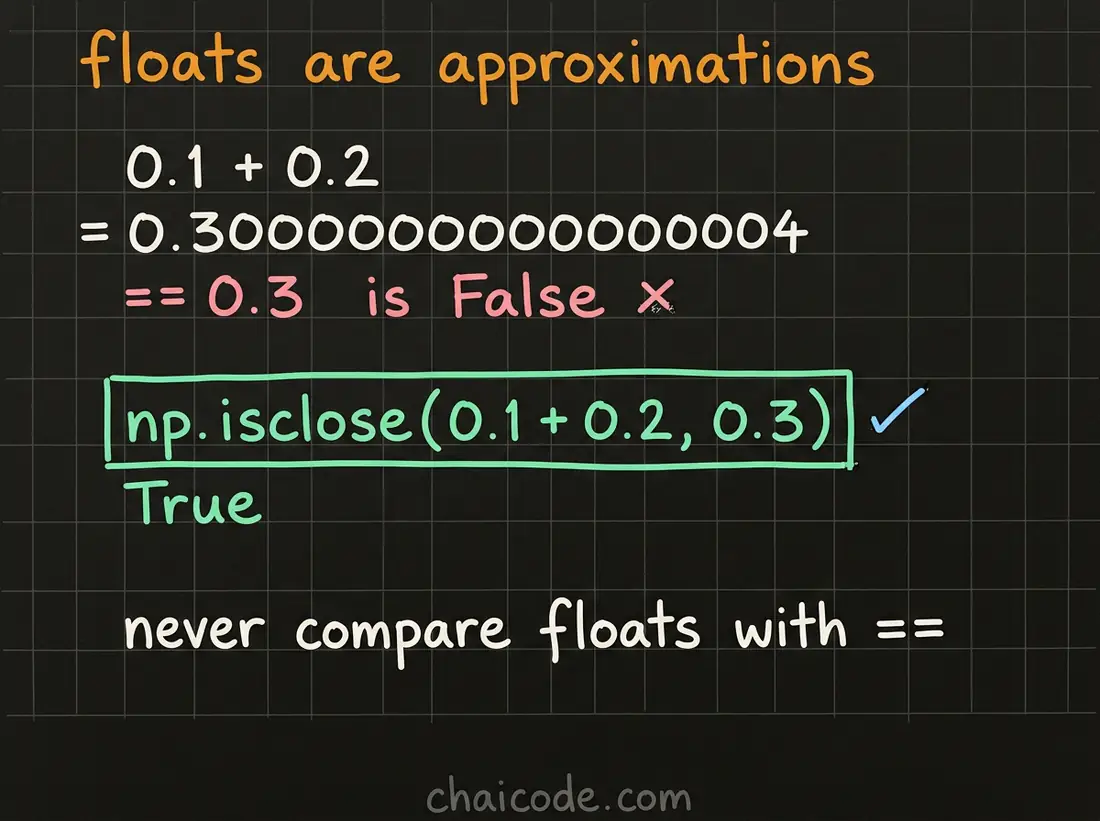 Hand-drawn notes showing that 0.1 plus 0.2 does not equal 0.3 exactly in floating point, and that np.isclose is the correct comparison.
