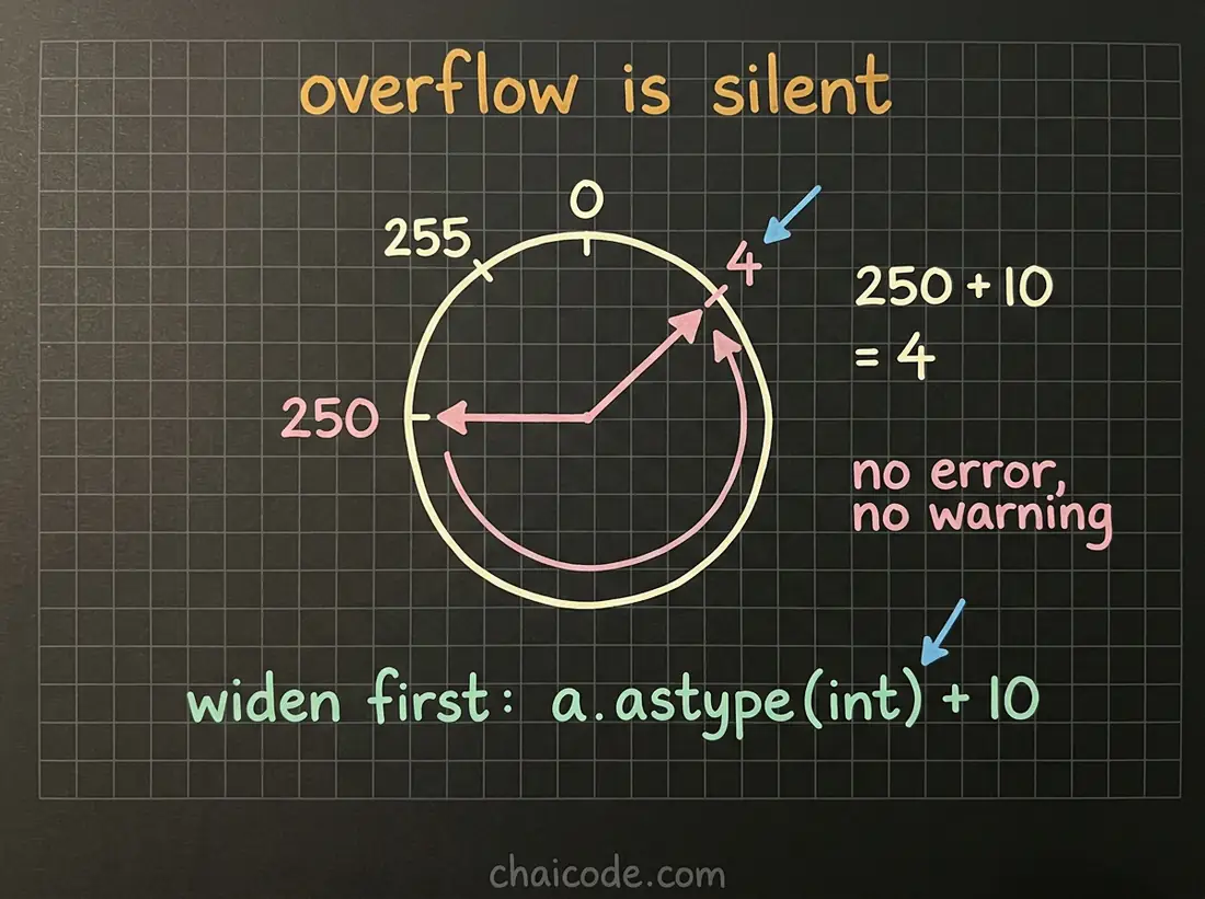 Hand-drawn notes showing uint8 overflow wrapping around a circular dial from 250 past 255 to 4, with no warning raised.