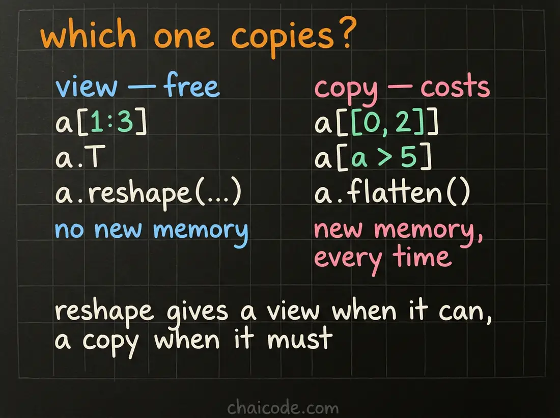 Hand-drawn notes listing which NumPy operations return a view and which copy: slicing and reshape give views, fancy indexing and boolean masks copy.