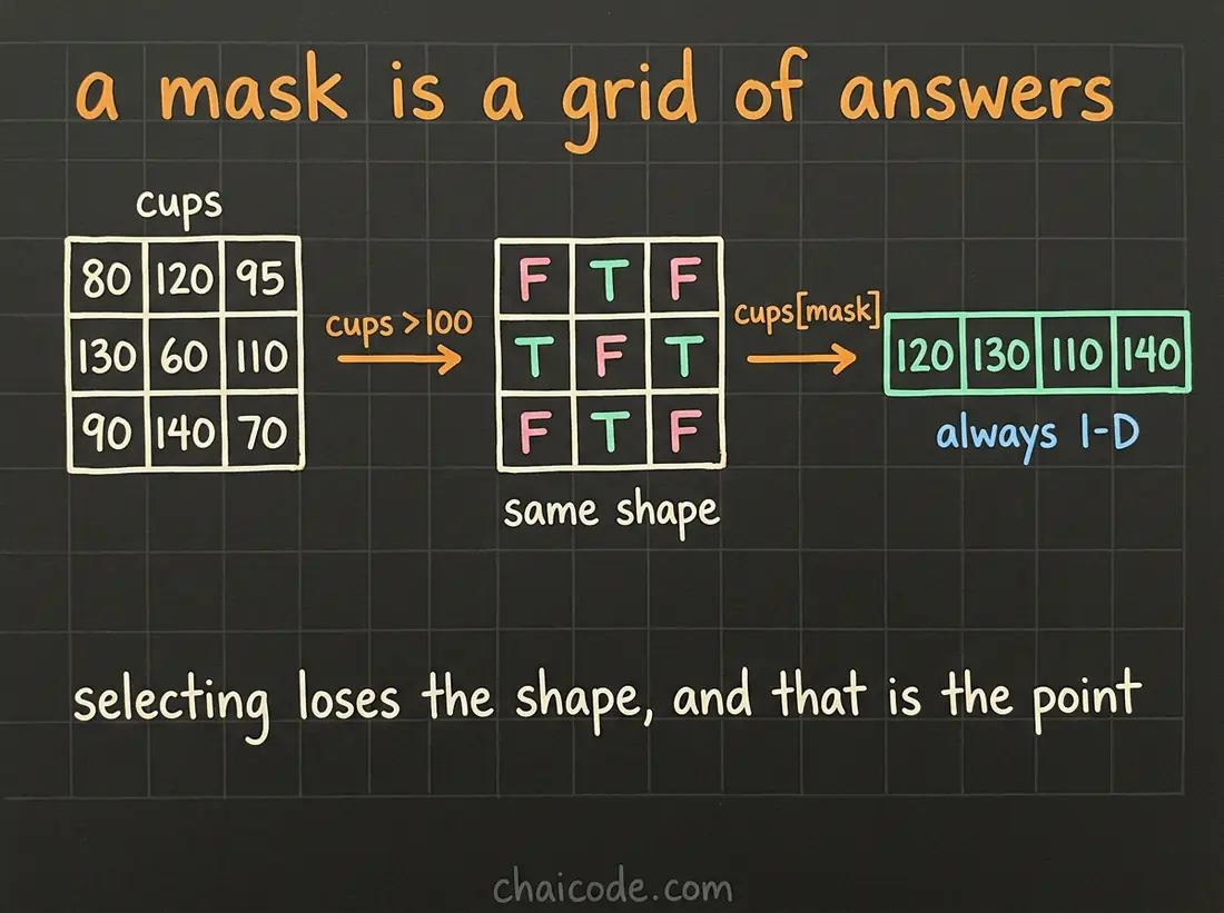 Hand-drawn notes showing a comparison turning a grid into a grid of True and False of the same shape, and indexing with it returning a flat 1-D result.